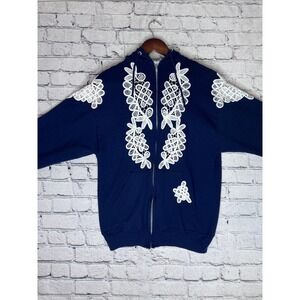 Annie Designs Women Navy Blue Zip Up Hoodie Lace Floral Applique Casual Size M